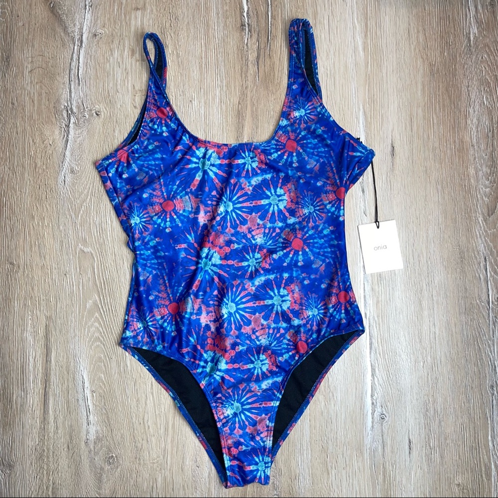 Onia Women's Large One Piece Swimsuit Tie Dye Fireworks Blue Red NWT SZ Large